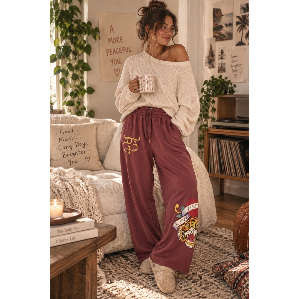 Ed Hardy Womens Burgundy Wide Leg Sweatpants Tiger Love Runs Wild Gold Logo L